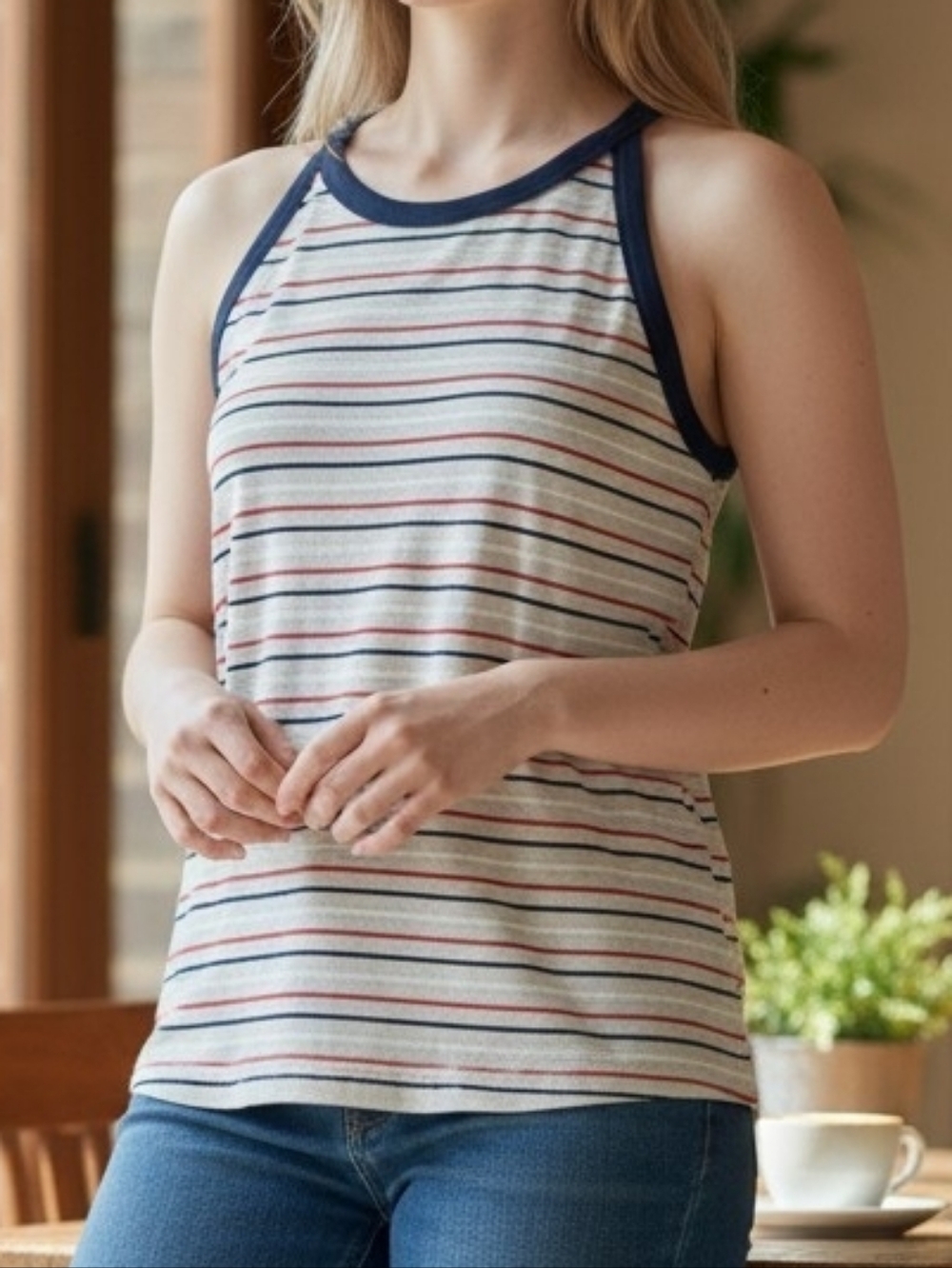 Eddie Bauer Striped Tank Top in Navy Trim